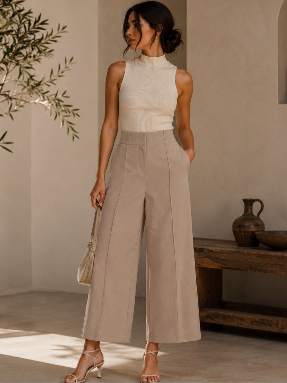 Quince Wide-Leg High-Rise Cropped Trousers in Taupe